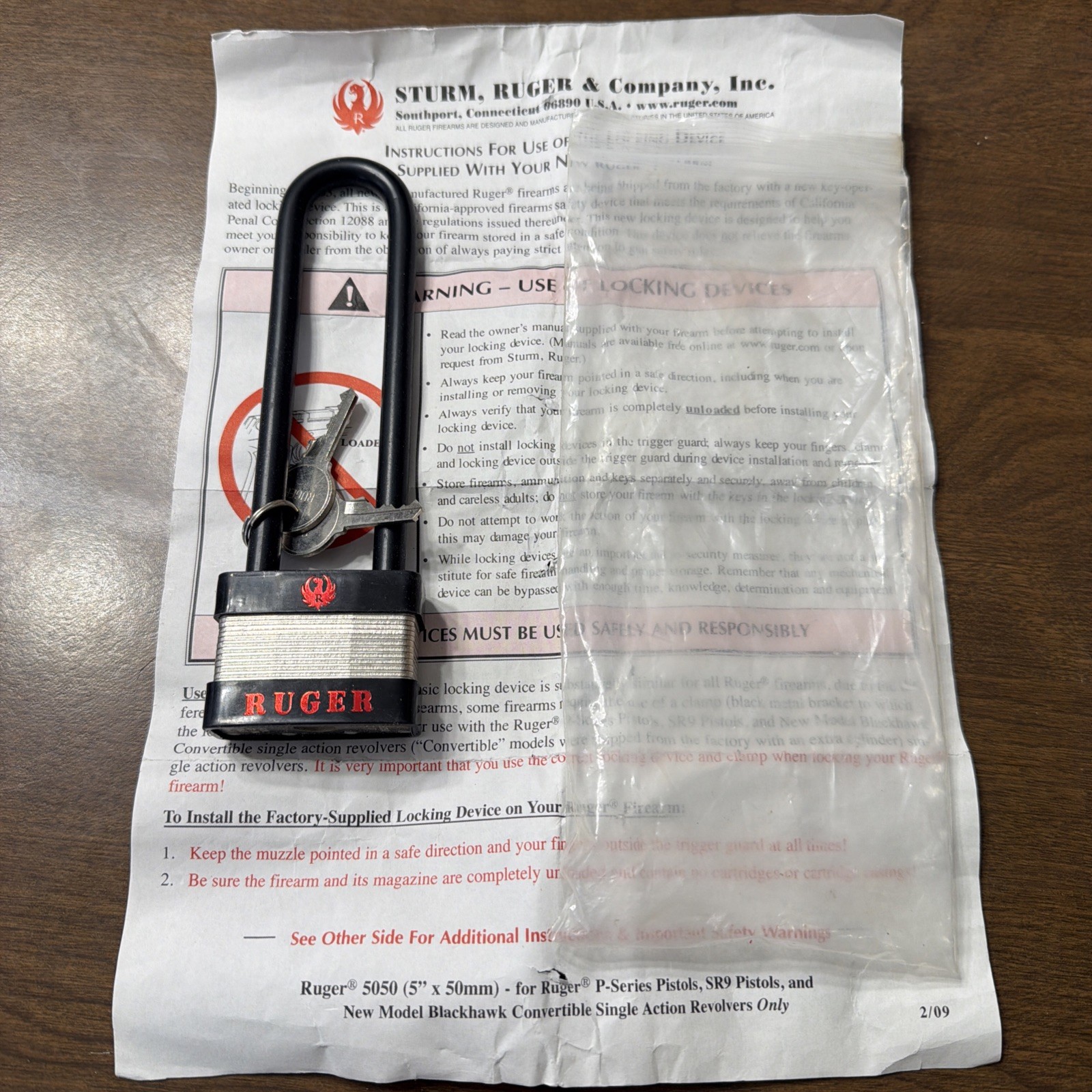 NEW OLD STOCK Ruger Factory Gun Lock 5050 5" X 50MM  w/2 Keys