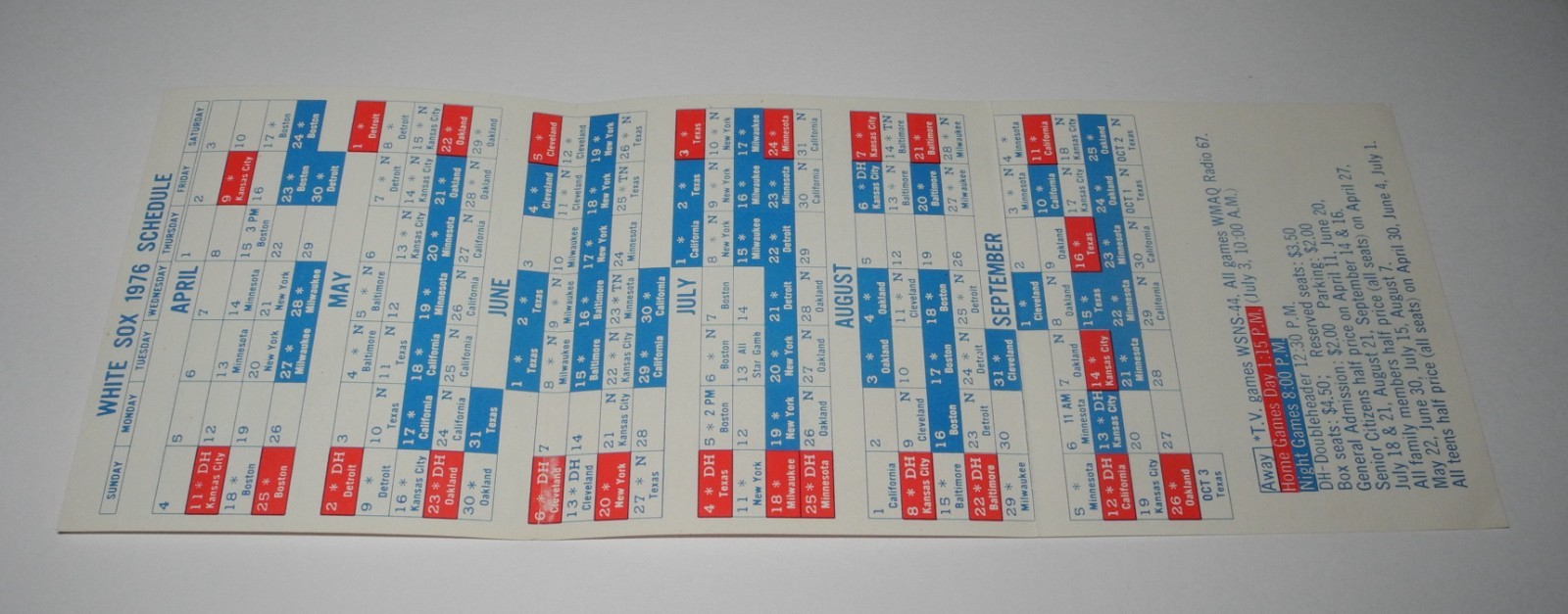 1976 Baseball Chicago White Sox McDonalds Advertising Schedule Media Program