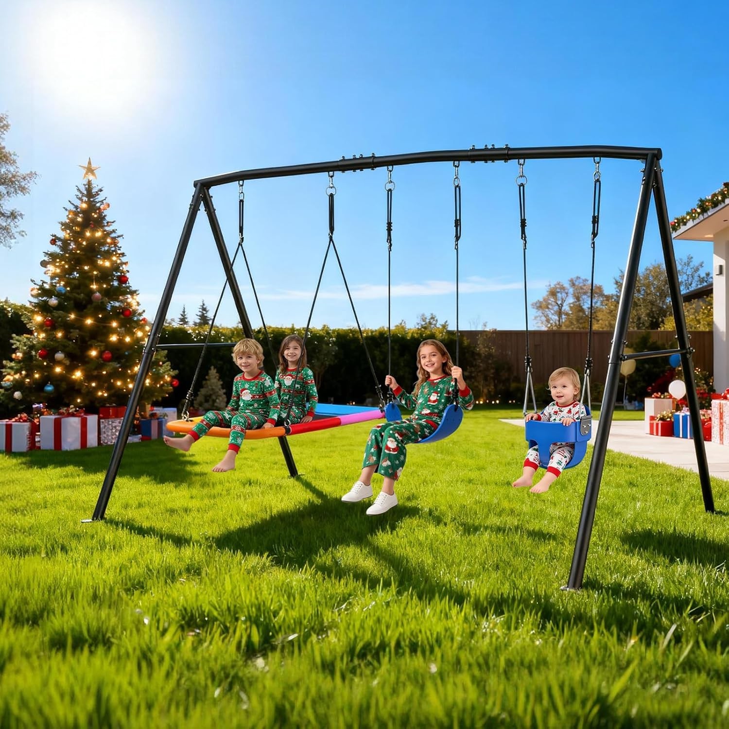 440lb Metal Swing Set with 3 Swings Kids Adult Heavy-Duty Playset Frame Backyard