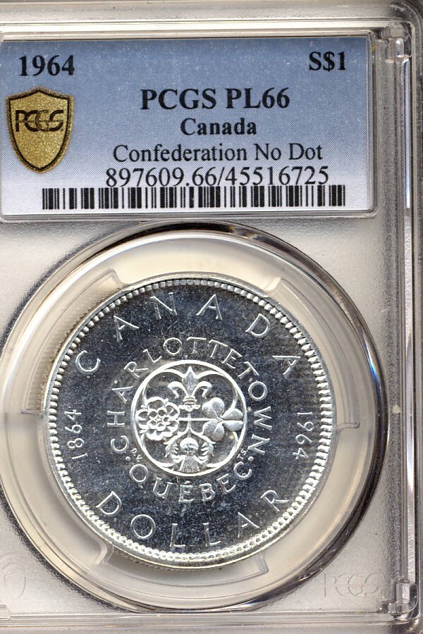 1964 PCGS PL66 CANADA CONFEDERATION NO DOT SILVER DOLLAR