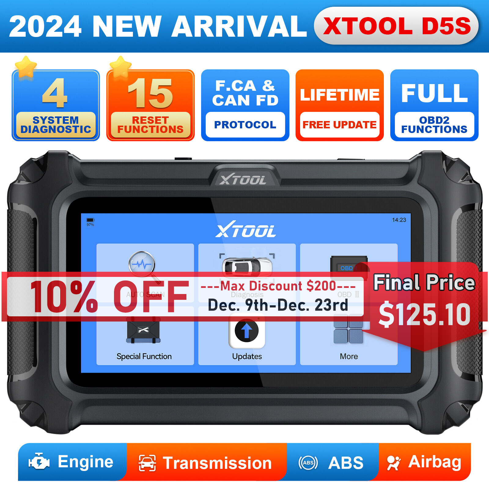 2024 XTOOL D5S OBD2 Scanner Car Code Reader Scan Tool FCA AutoAuth 15+ Services