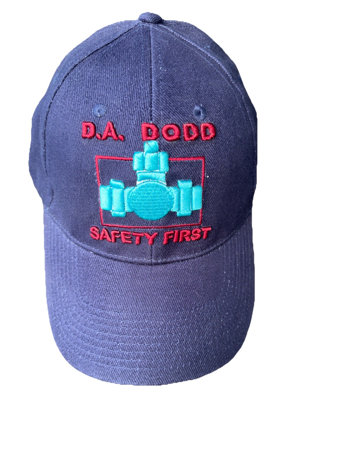 D.A. DODD Safety First in Red w Aqua Logo on Cotton Hat Cap Hook Loop