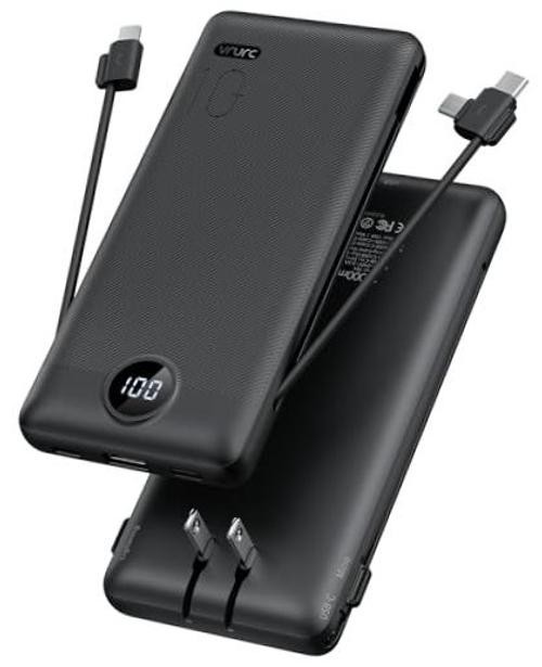 Portable Charger, Power Bank Built-in Cables and AC Wall Plug | USB C Black