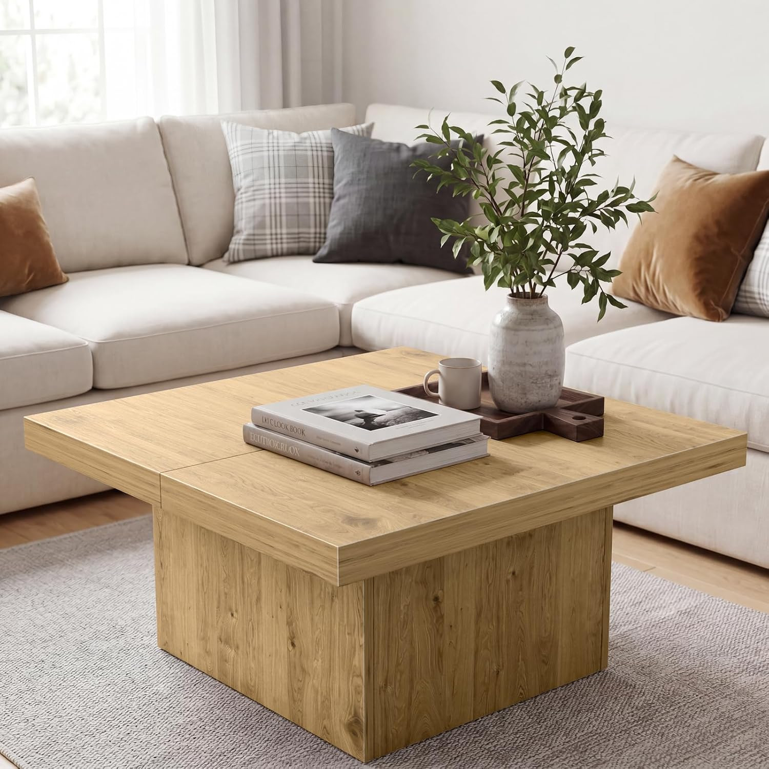 Light Walnut 35.5 Inch Square Coffee Table, Modern Organic Farmhouse Coffee Tabl