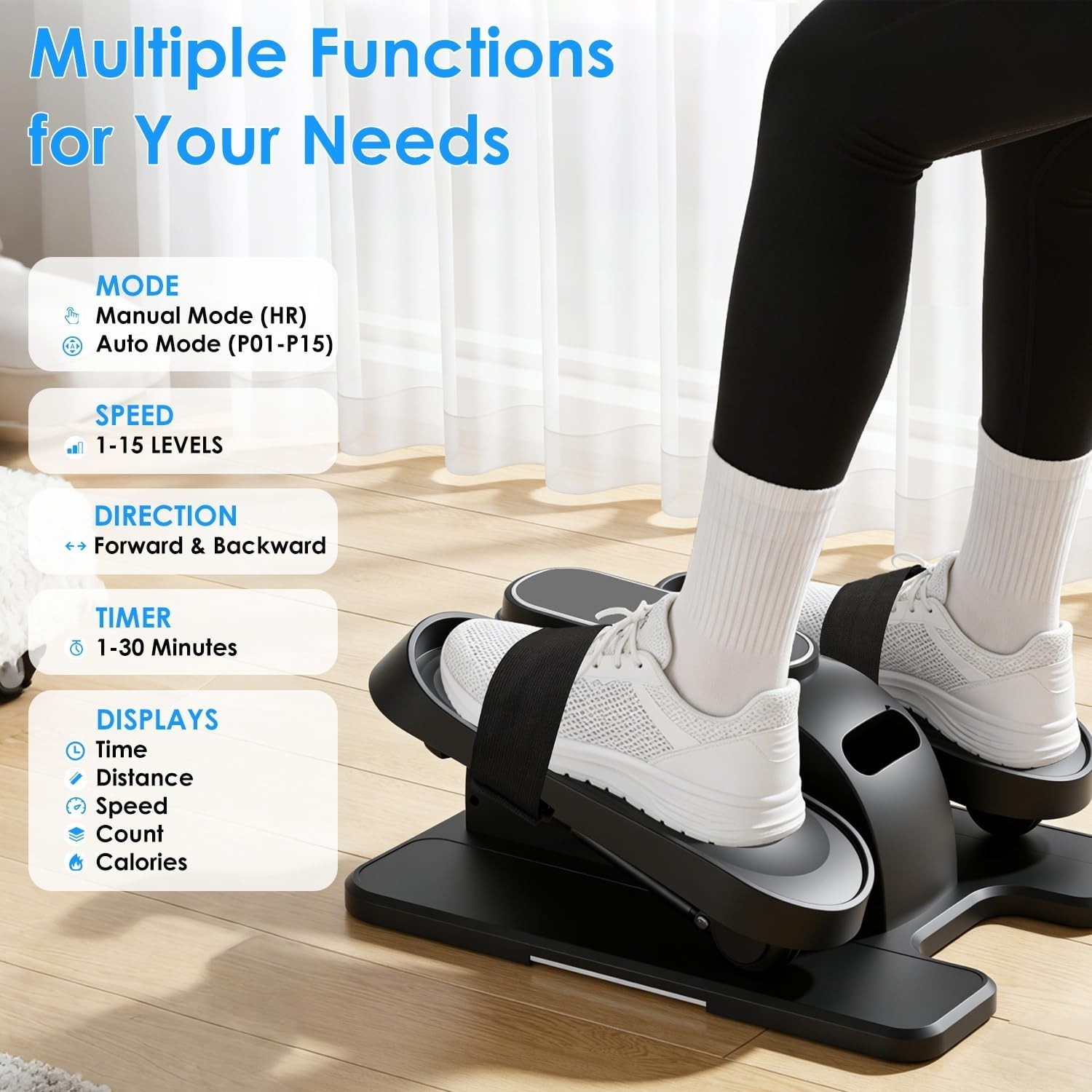 Under Desk Elliptical Pedal Exerciser 15-Speed Remote Forward Reverse Home Use