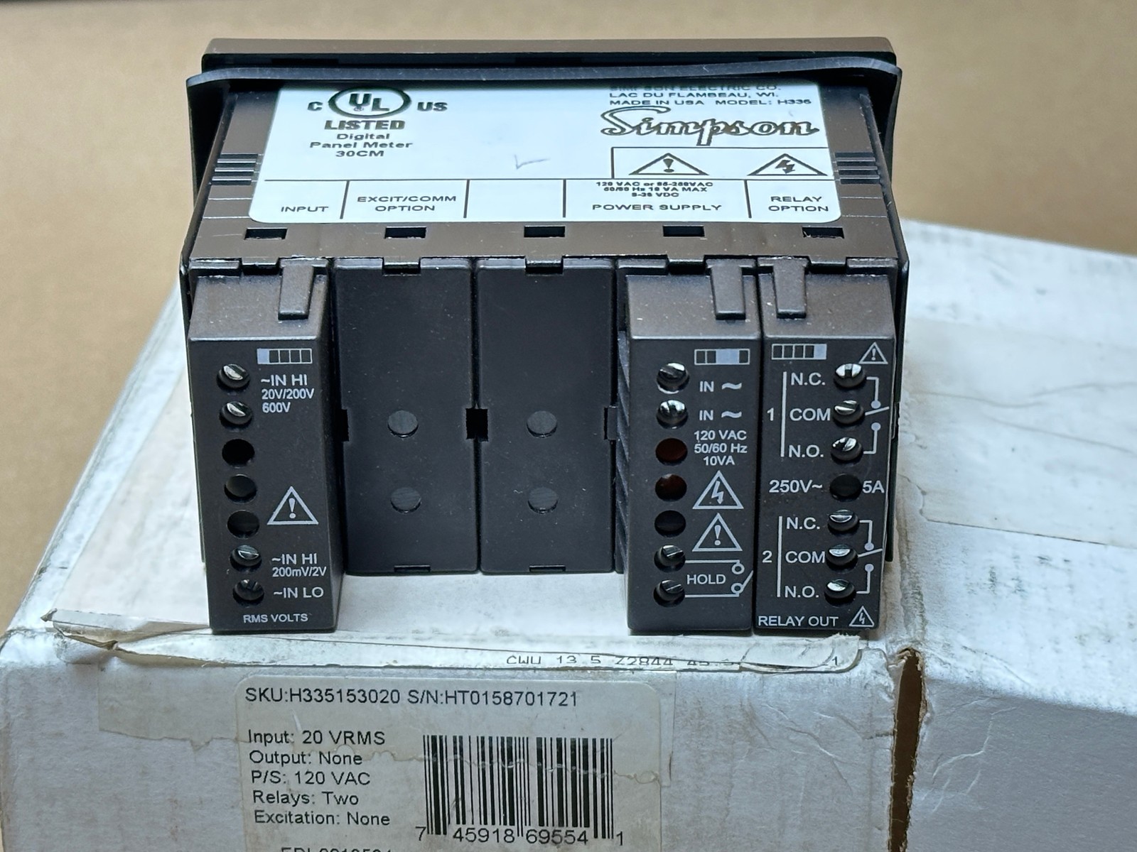 Simpson Panel Meter H335153020 Input:20 VRMS 120Vac