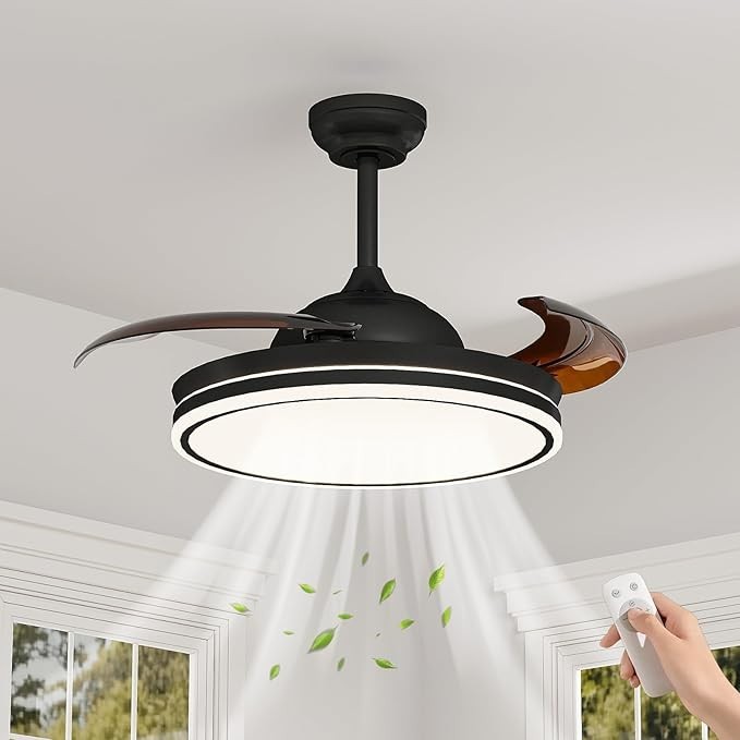 42 inch Remote Control Low Profile Black Retractable LED Ceiling Fan with Light
