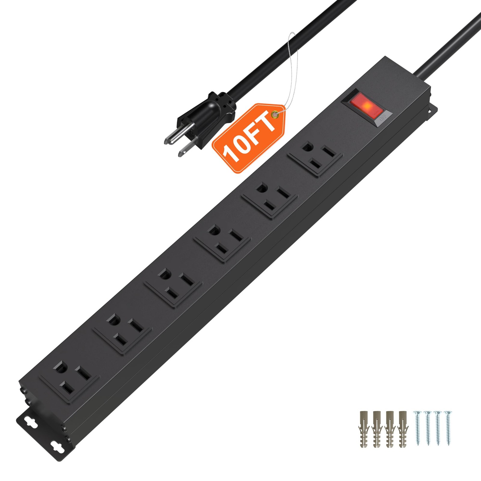 Black 6 Outlet Industrial Power Strip 10Ft Extension Cord Heavy Duty 15A 1875W