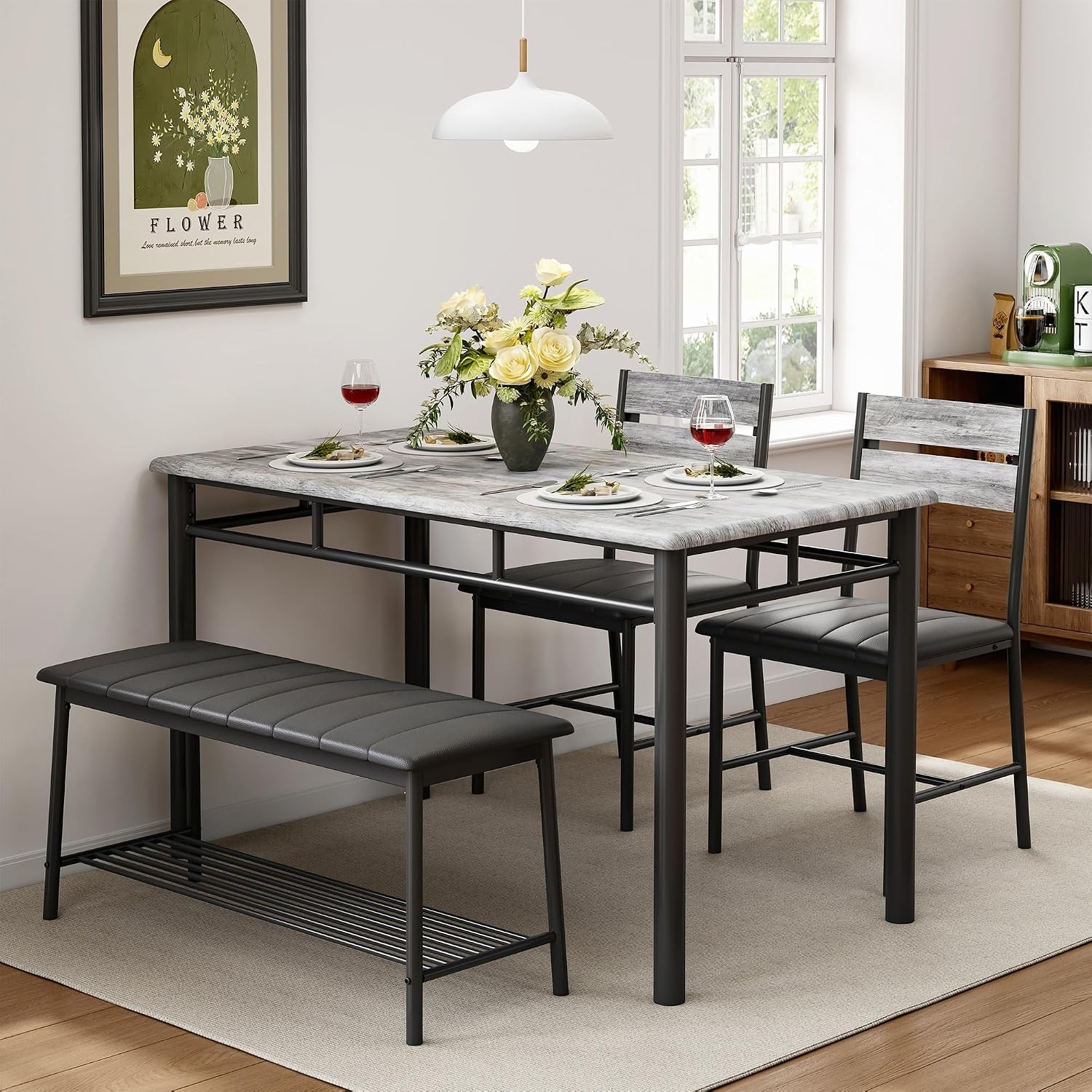 Dining Table Set 4 Kitchen Table W/ Upholstered Bench & 2 Chairs Kitchen Table &