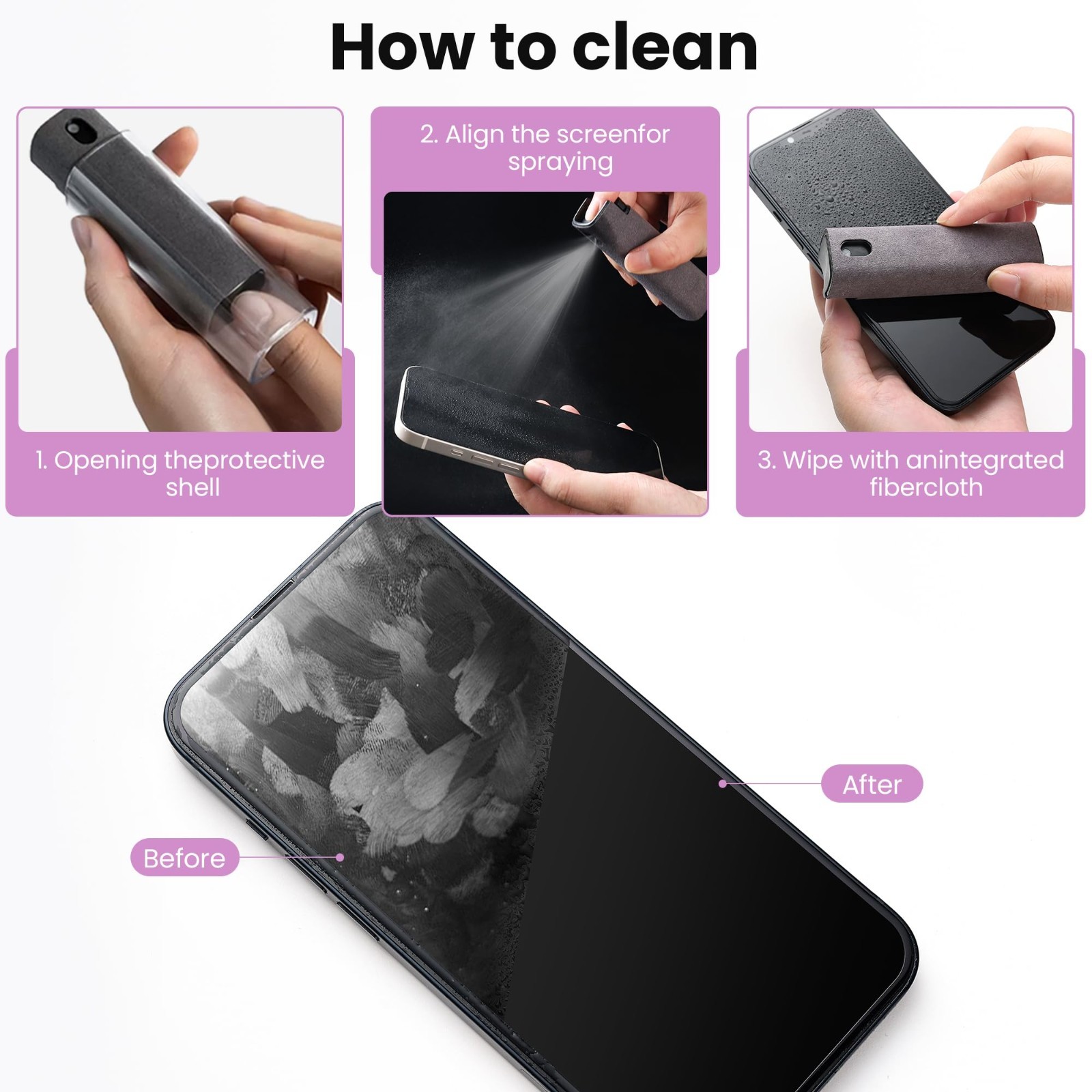 2- PCS 3-in-1 Touchscreen Cleaner Kit with Spray Bottle and Microfiber Cloth Set