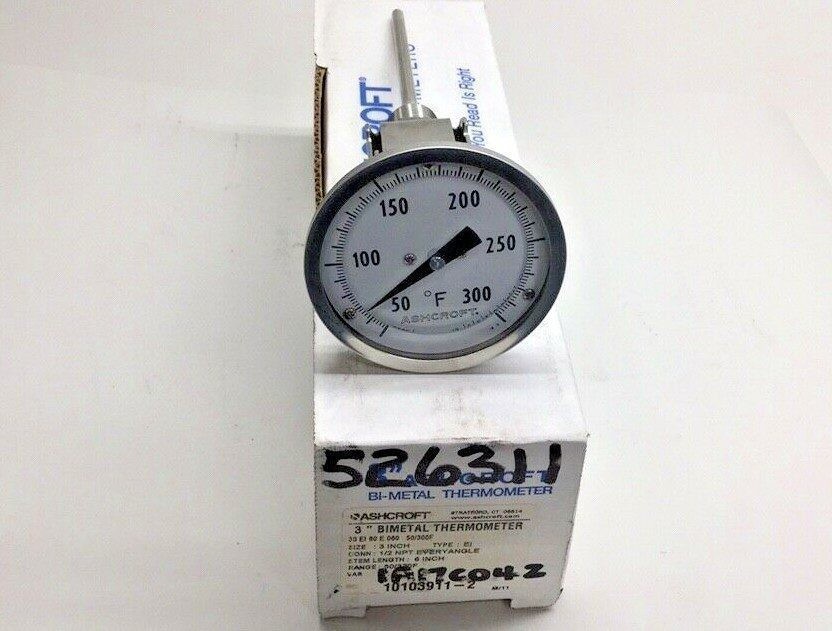 Ashcroft 30-EI-60-E-060-50/300F Thermometer 3"face BiMetal 6"Stem 50-300 1/2"npt