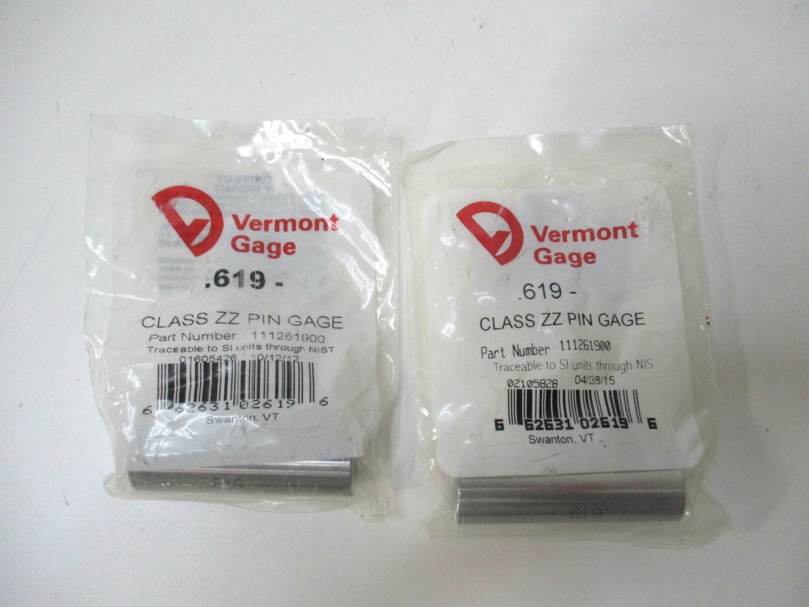 Vermont Gage (111261900) 0.619" Tolerance Class ZZ Steel No-Go Pin Gage - Qty 2
