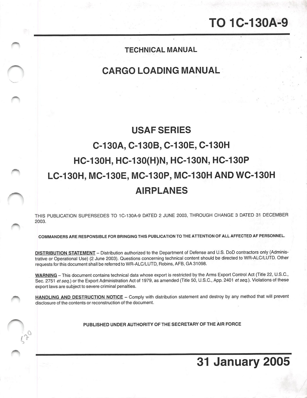 C-130 Series Cargo Loading Manual 2005 Air Force Manual Flight Manual -CD