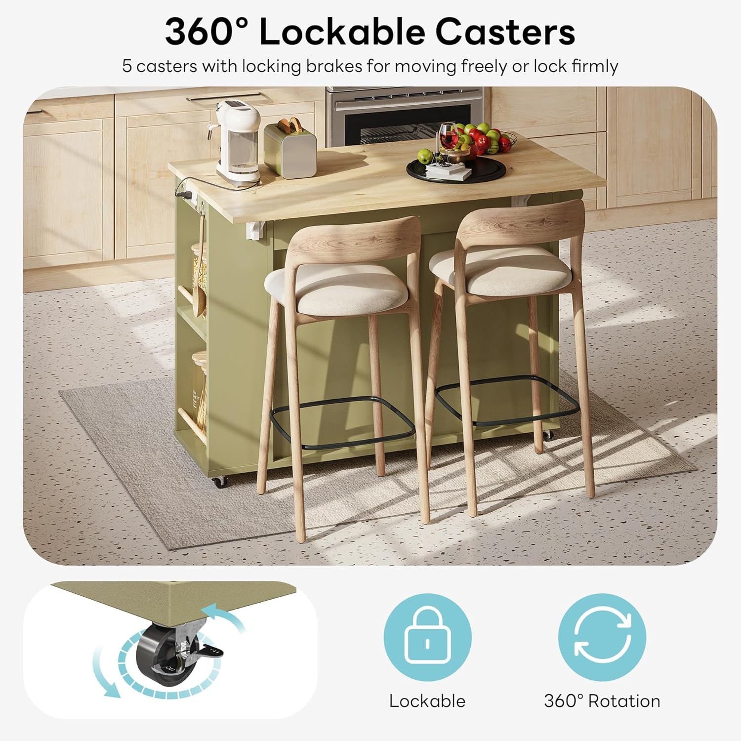 Green Rolling Kitchen Island with Power Outlet, Storage & Wine Racks