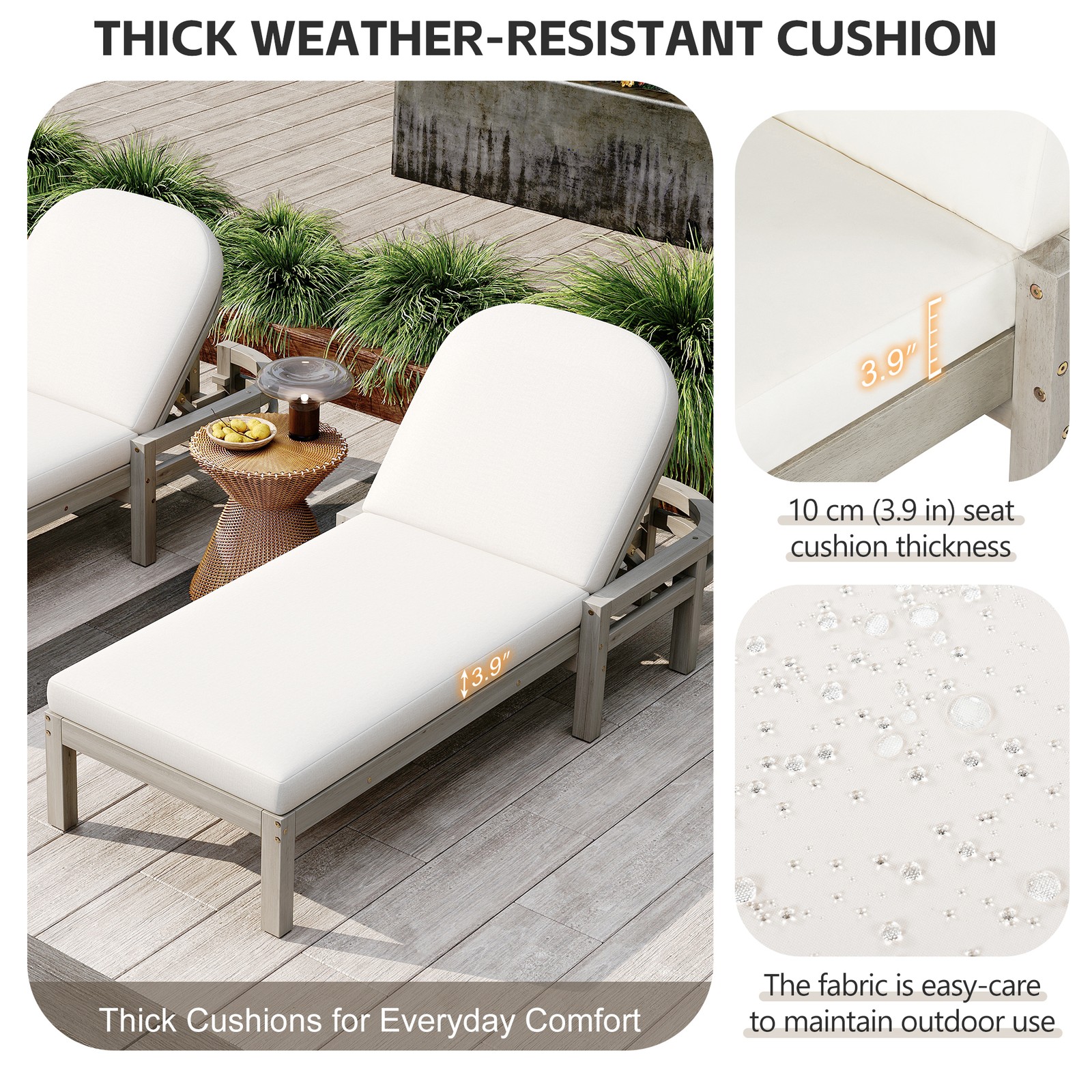 Patio Chaise Lounge Chair 2-Pack, Acacia Wood, Adjustable Backrest, Gray Cushion
