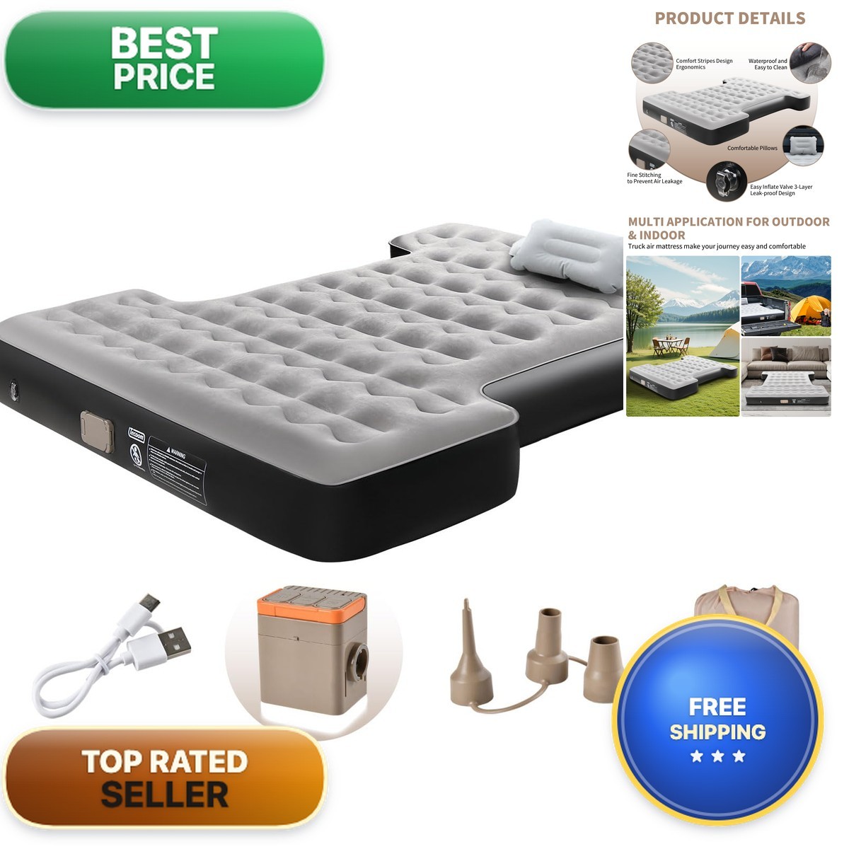 Tecoom 2025 Upgrade Wireless Inflatable Truck Bed Air Mattress 5.5-5.8ft, Full