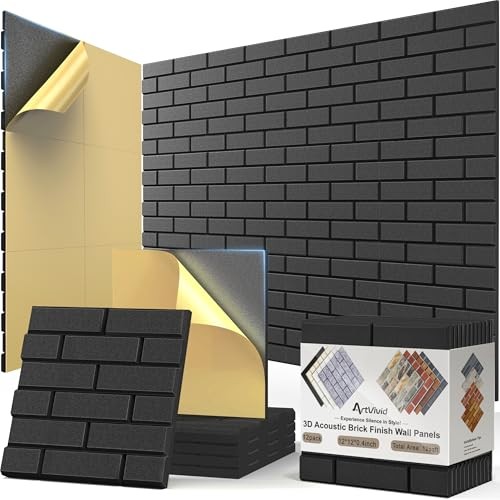 12Pack Acoustic Panels, Self-Adhesive 3D Brick Pattern 12"×12"-Brick Black
