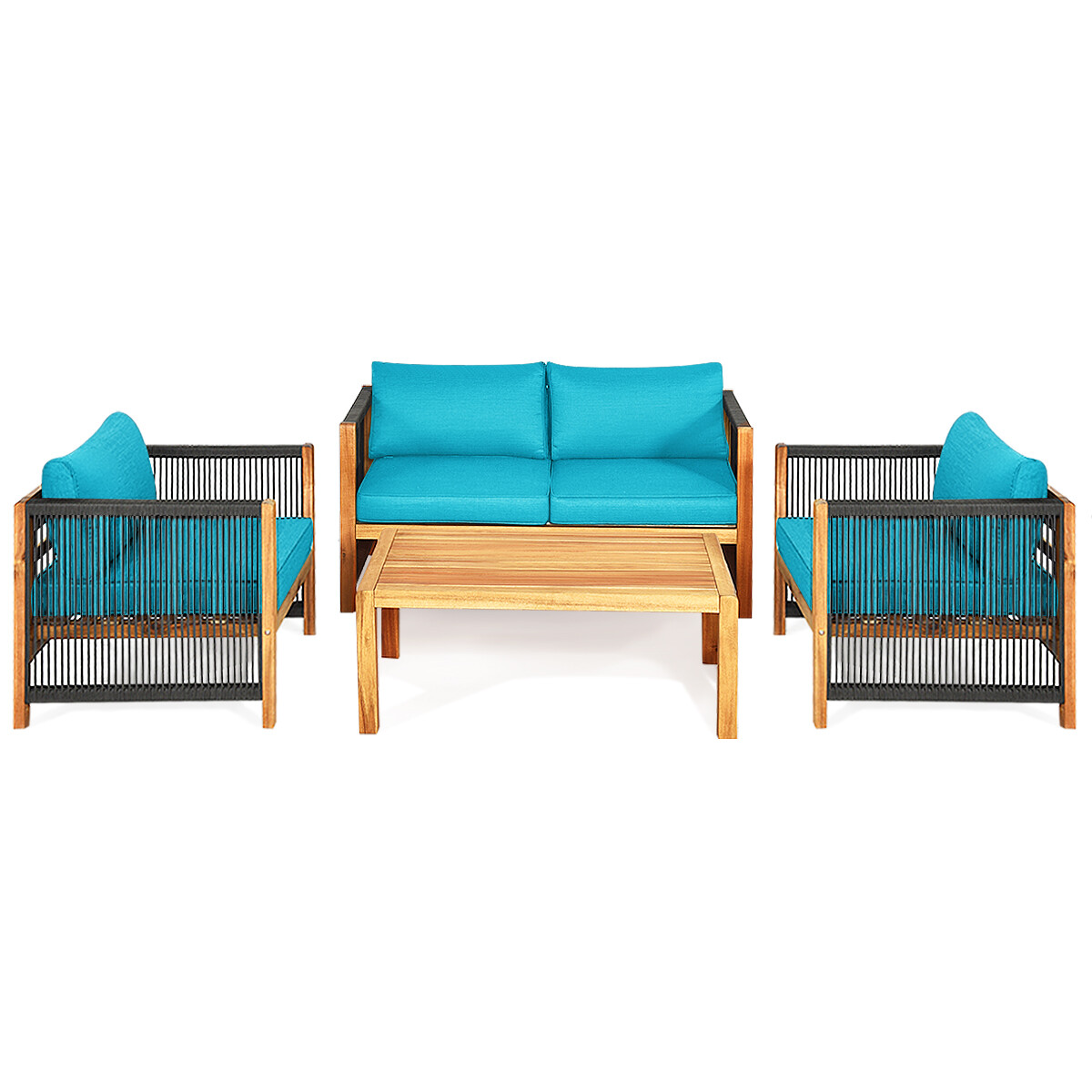 Patiojoy 4-Piece Outdoor Patio Wood Conversation Furniture Set Padded Chair