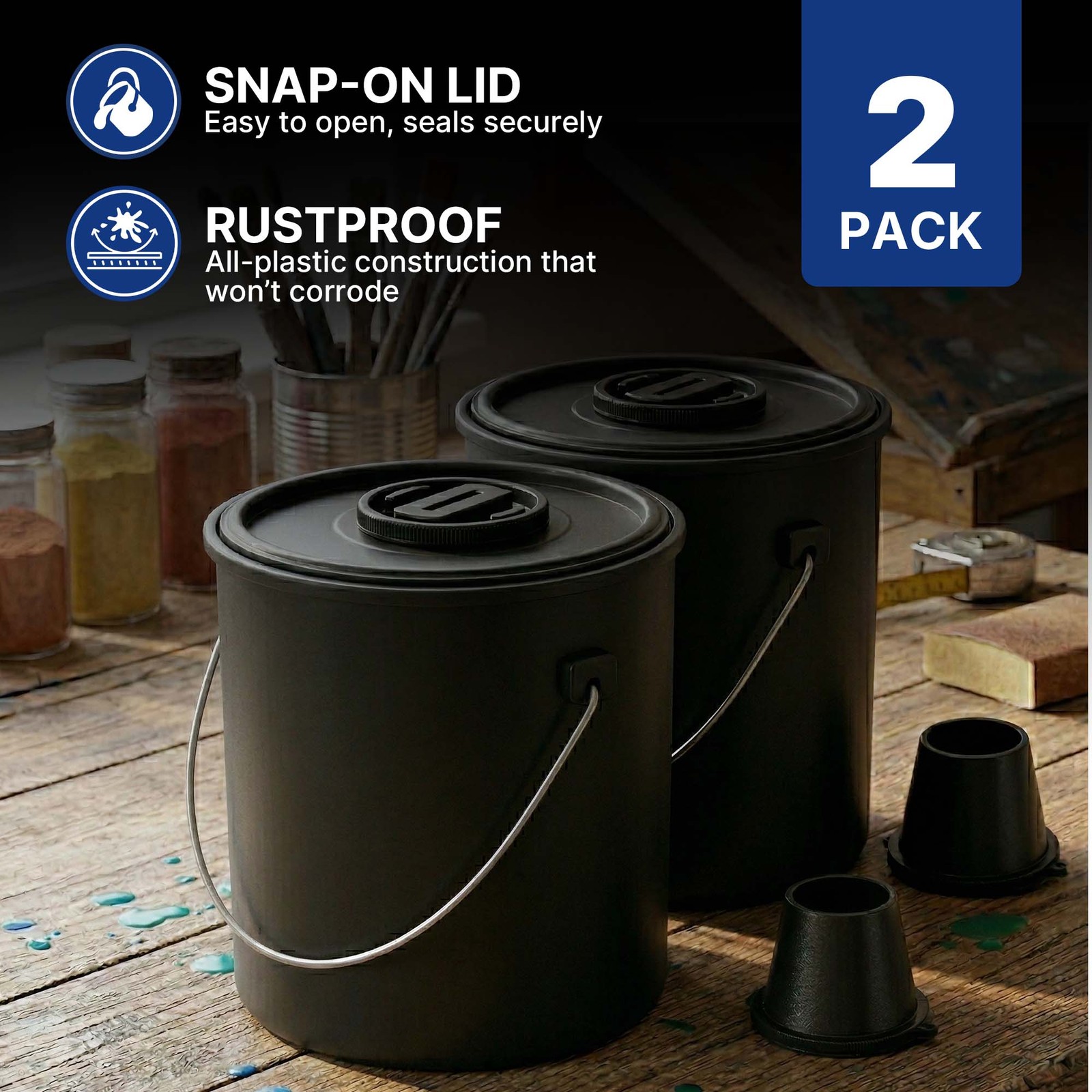 Plastic Paint Can Bucket 1 Gallon Pack of 2, w/Lid & Handle