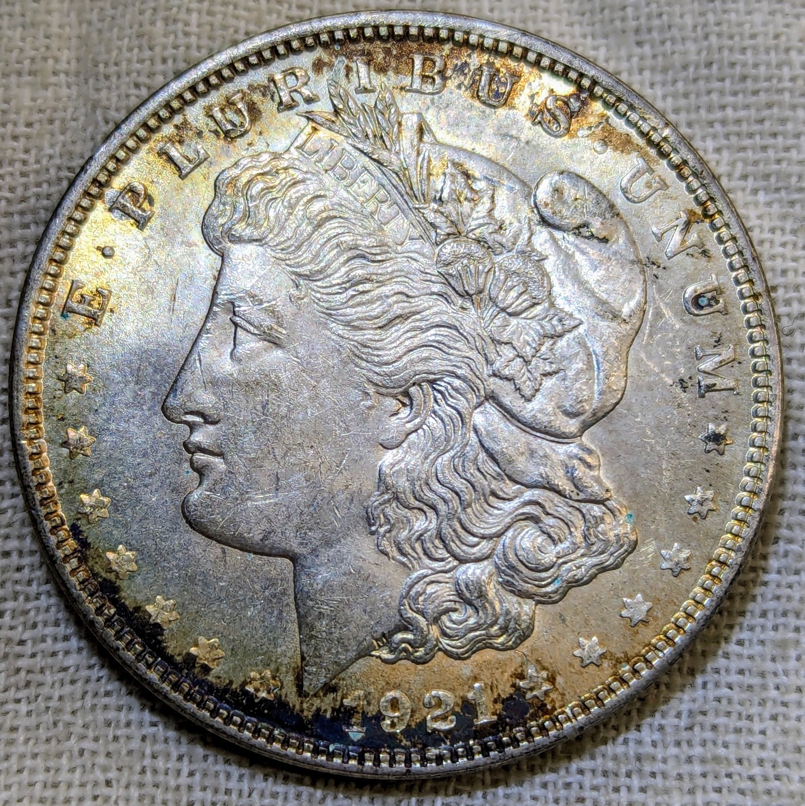1921 Morgan Dollar UNC BU MS : Toned, Lustrous, Uncirculated - .9 Fine Silver