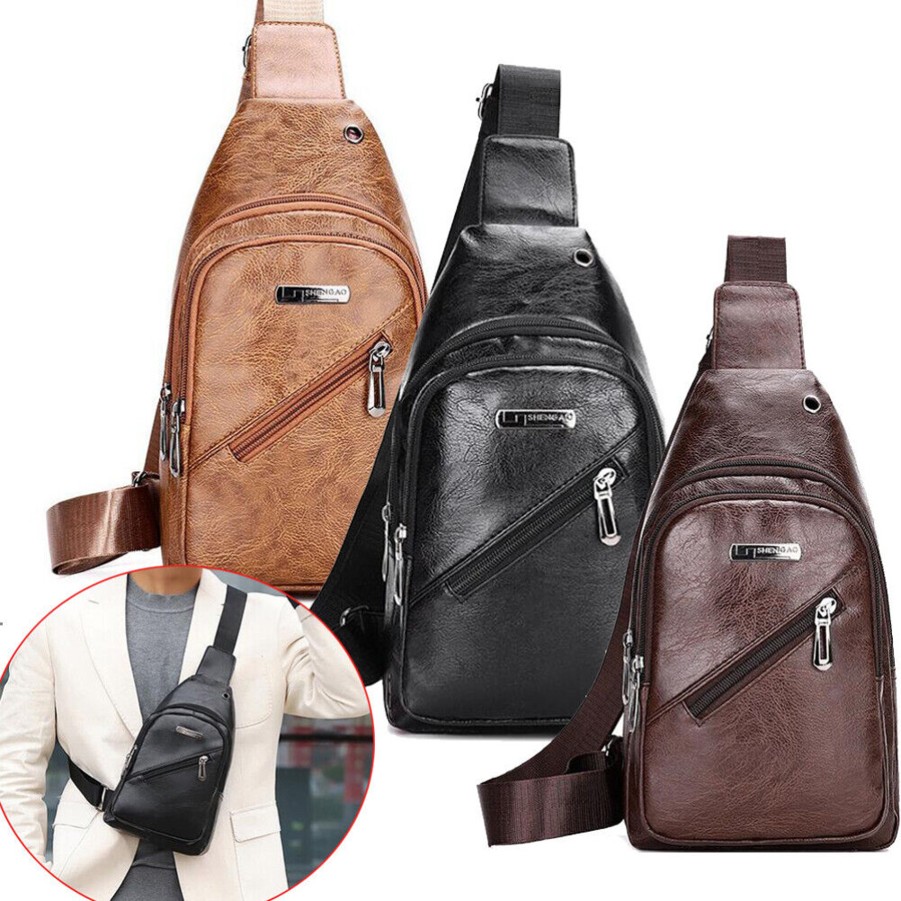 Sling Bag Leather Mens Crossbody Shoulder Bag Chest Bag for Hiking Camping Trip