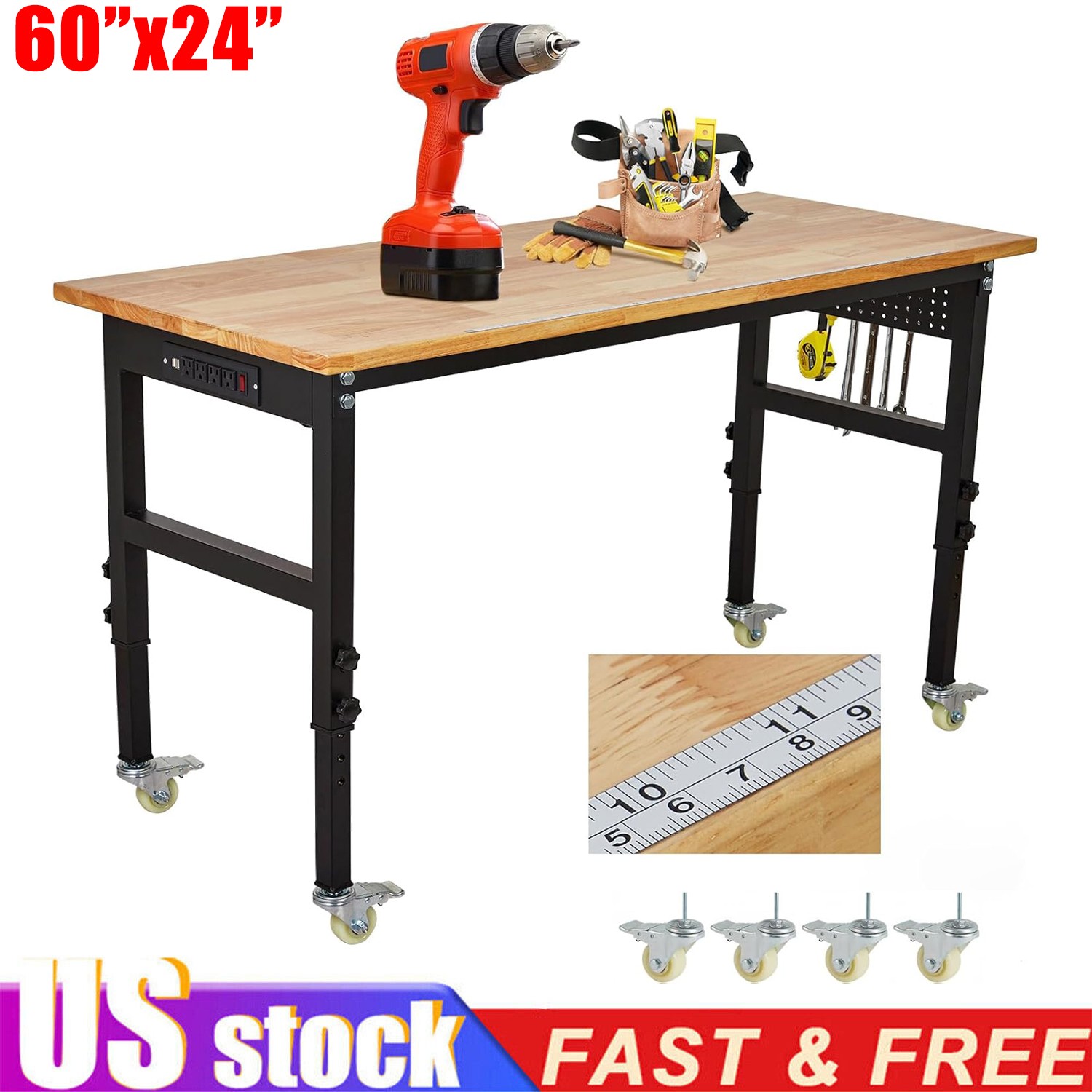 Adjustable Garage Workbench, 60x24 Rubber Wood Top Heavy-Duty with Power Outlets