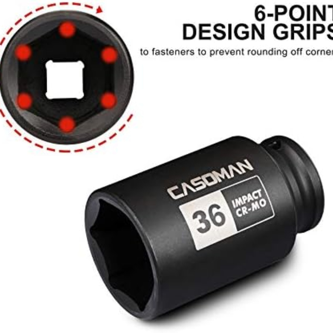 1/2" Drive X 36 Mm Deep 6 PT Impact Socket, CR-MO, Drive 6 Point Axle Nut Socket