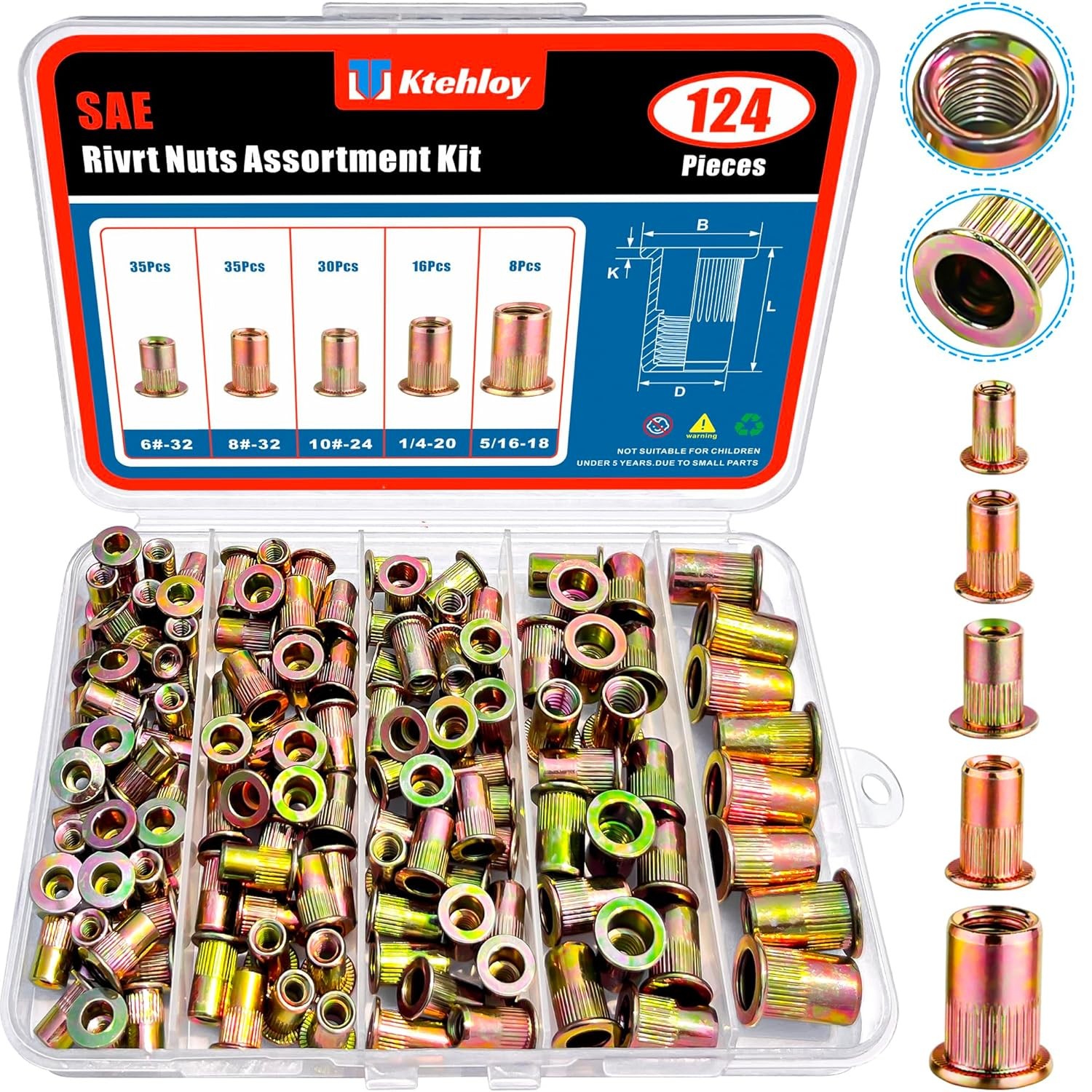 124Pcs SAE UNC Rivet Nut Assortment Kit, Zinc Plated SAE-125 Pcs, Yellow