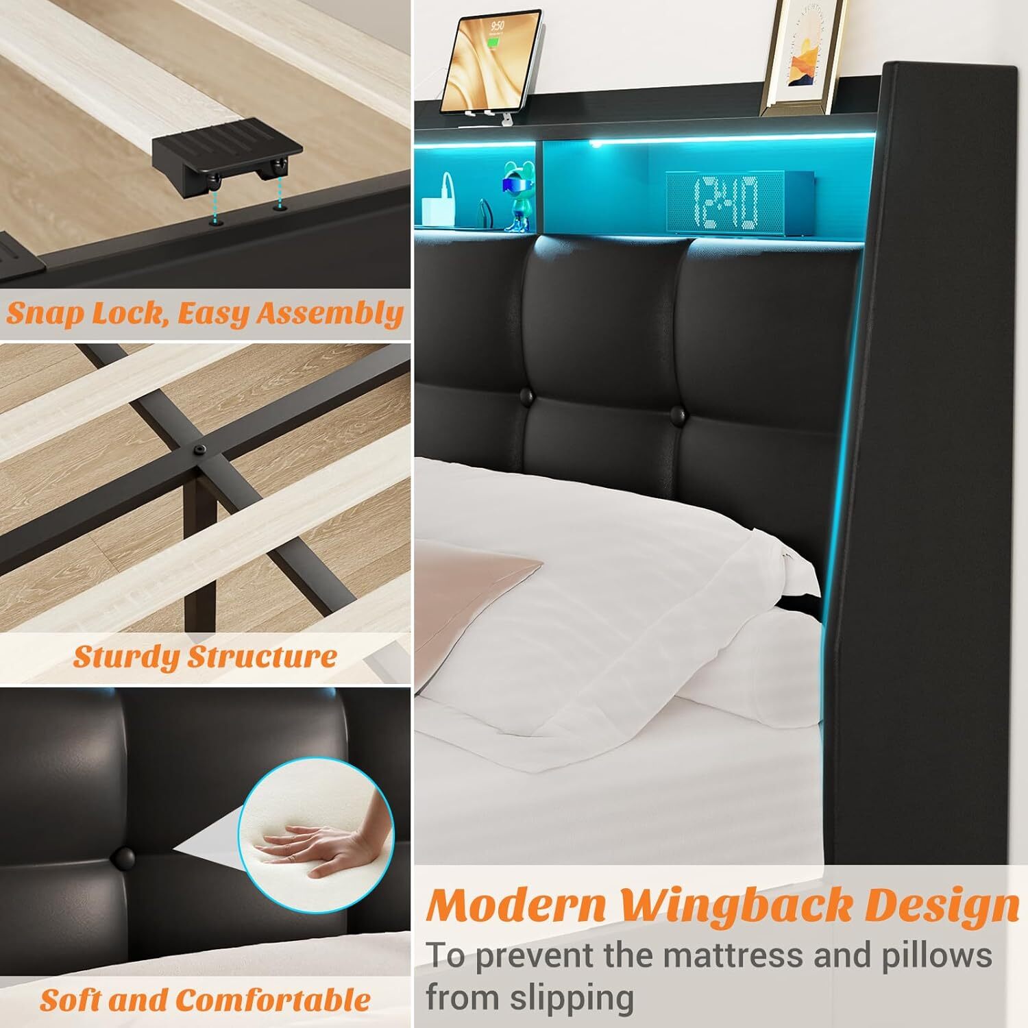 Homieasy Bed Frame with 4 Drawers ＆ Upholstered Headboard ＆ LED Lights ＆ Outlets