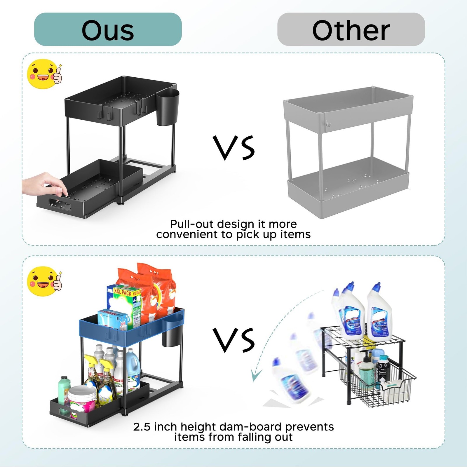 2 Pack Under Sink Organizer with Pull-Out Drawer, Large Single-layer, Black