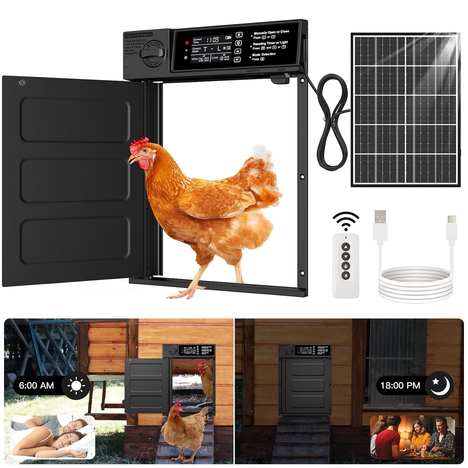 Large Solar Powered Automatic Chicken Coop Door Opener with Opening and Closing