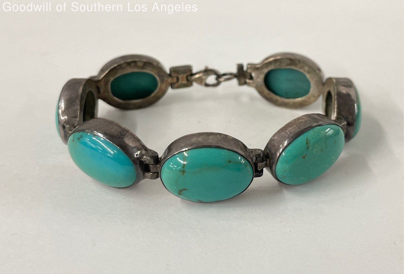 Sterling Silver Oval Turquoise Link Bracelet - 39.2g