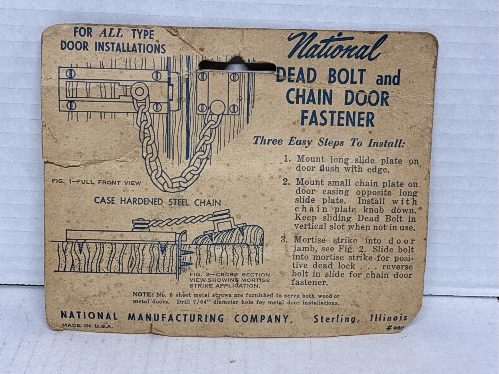 Vintage National Mfg Solid Brass Chain Door Fastener w/Deadbolt V837