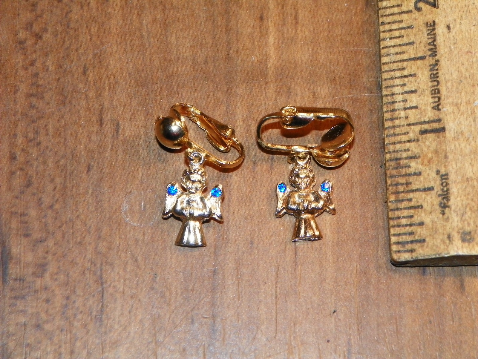 Vintage Gold-plated Angel Clip-on Earrings w/ Blue Stones