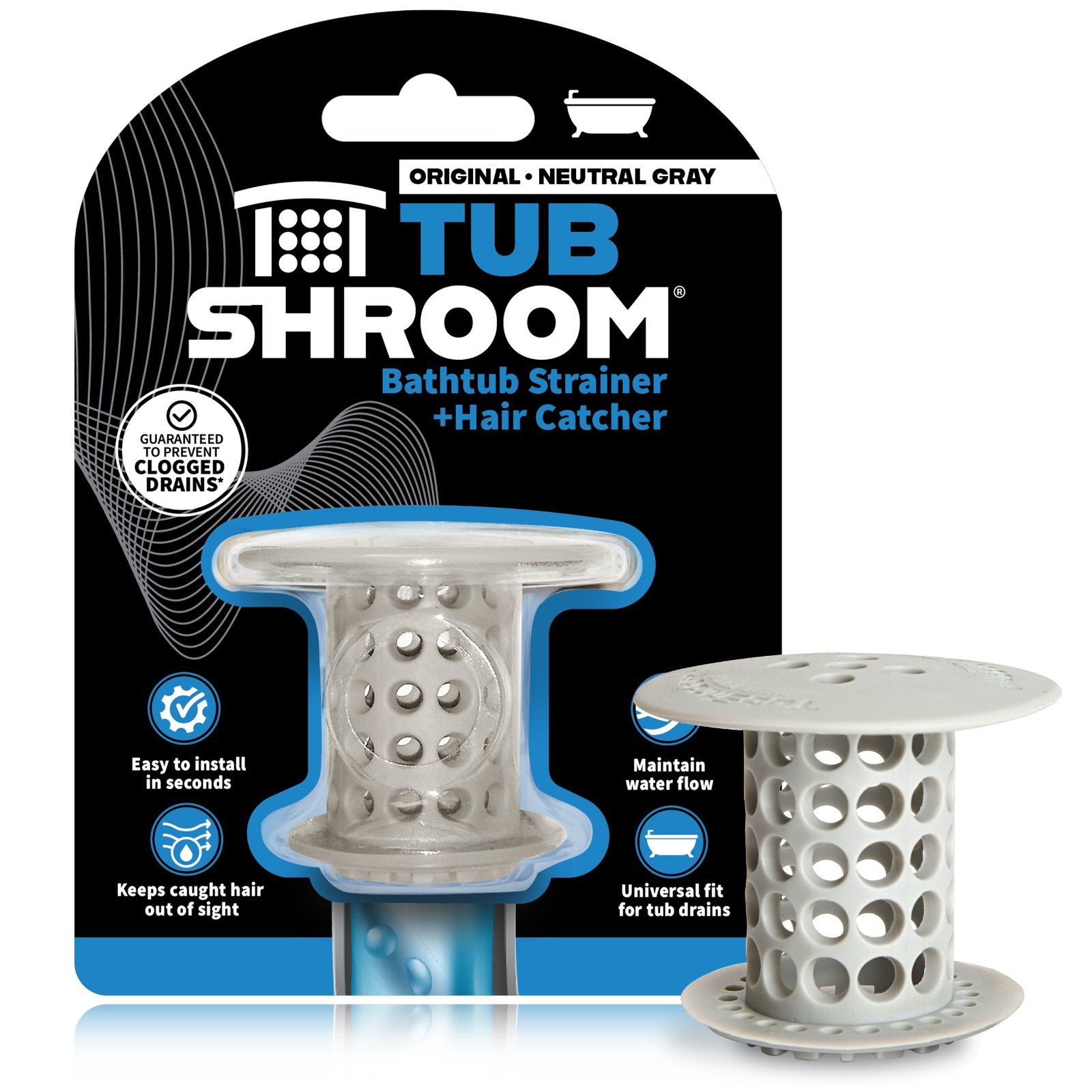 TubShroom® (Gray) Award-Winning Hair Catcher Drain Protector Strainer, No Clogs!
