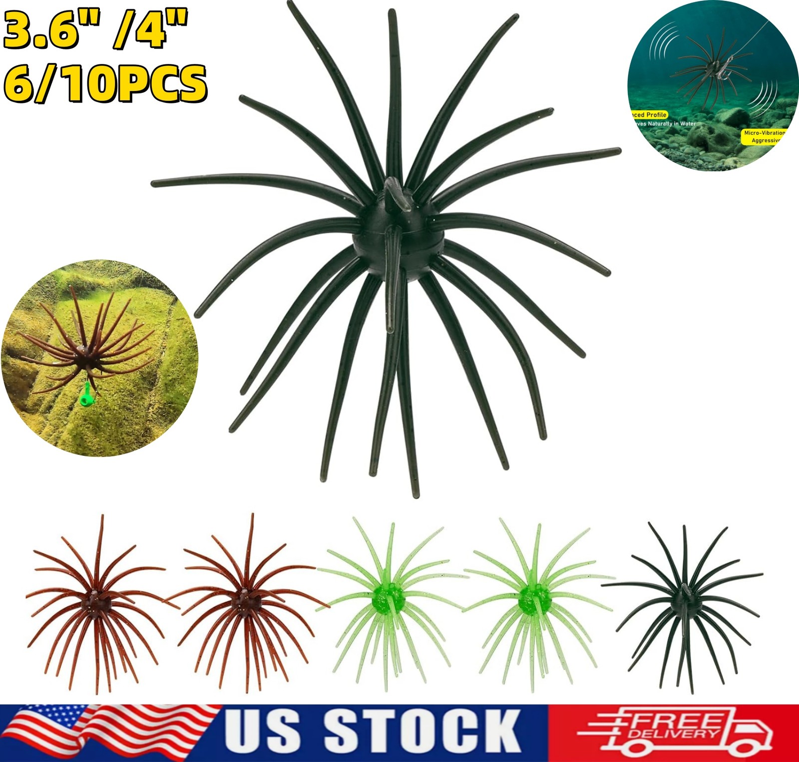 10/6PCS Sea Urchin Soft Lure, Super Durable Tentacle Creature Lure for Bass Pike