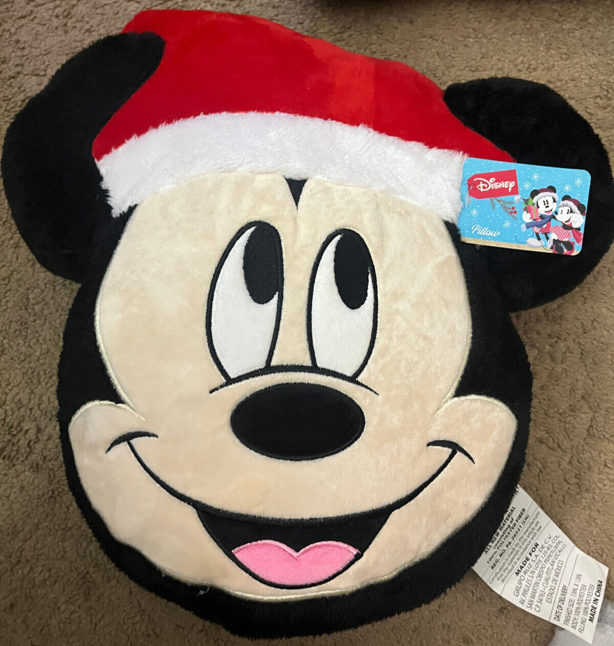 NEW! RUZ Disney Mickey Mouse Head Santa Hat Christmas Holiday Plush Pillow 17X17