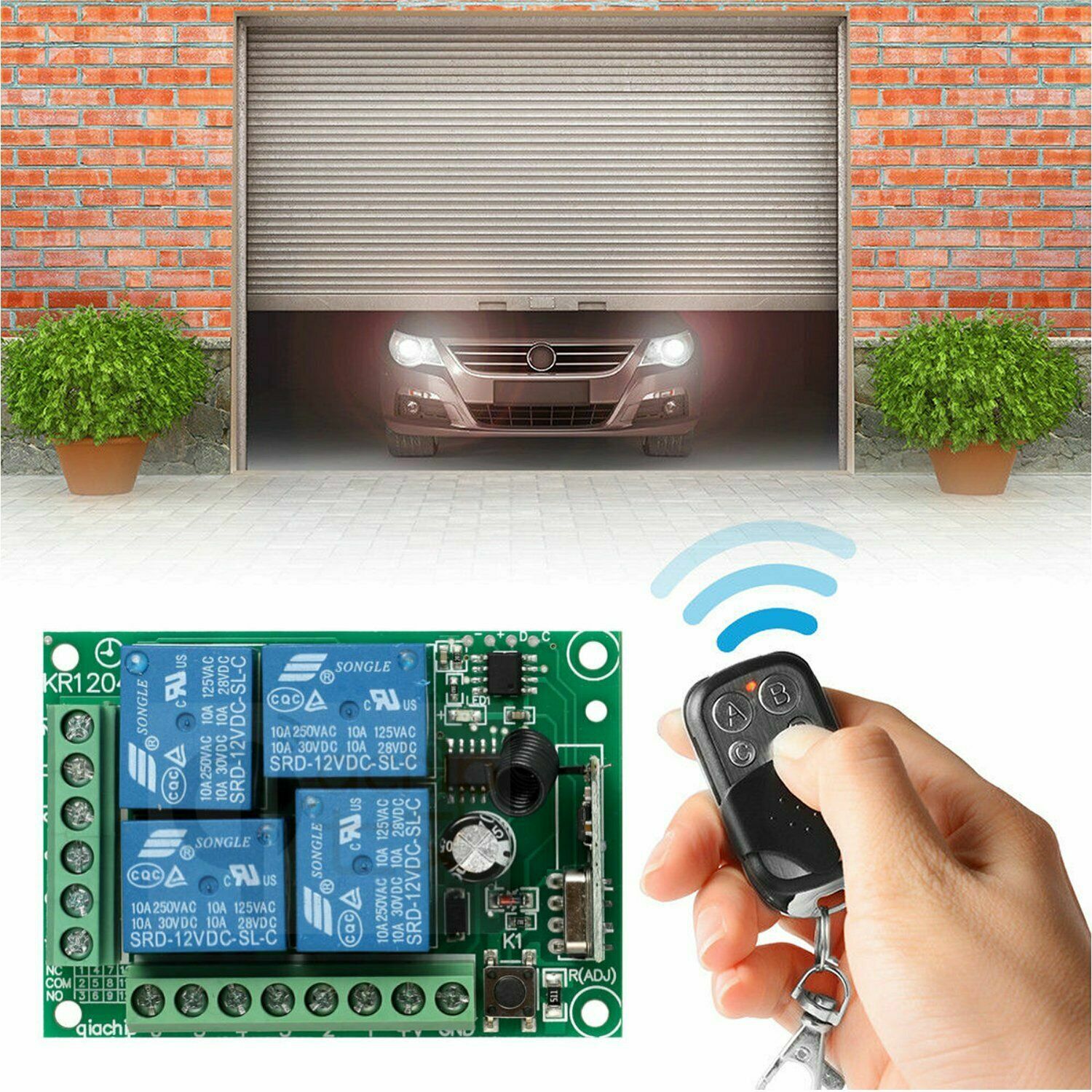 12V 433Mhz 4CH Raley Switch Receiver Wireless Garage Door Control+RF Remote Set