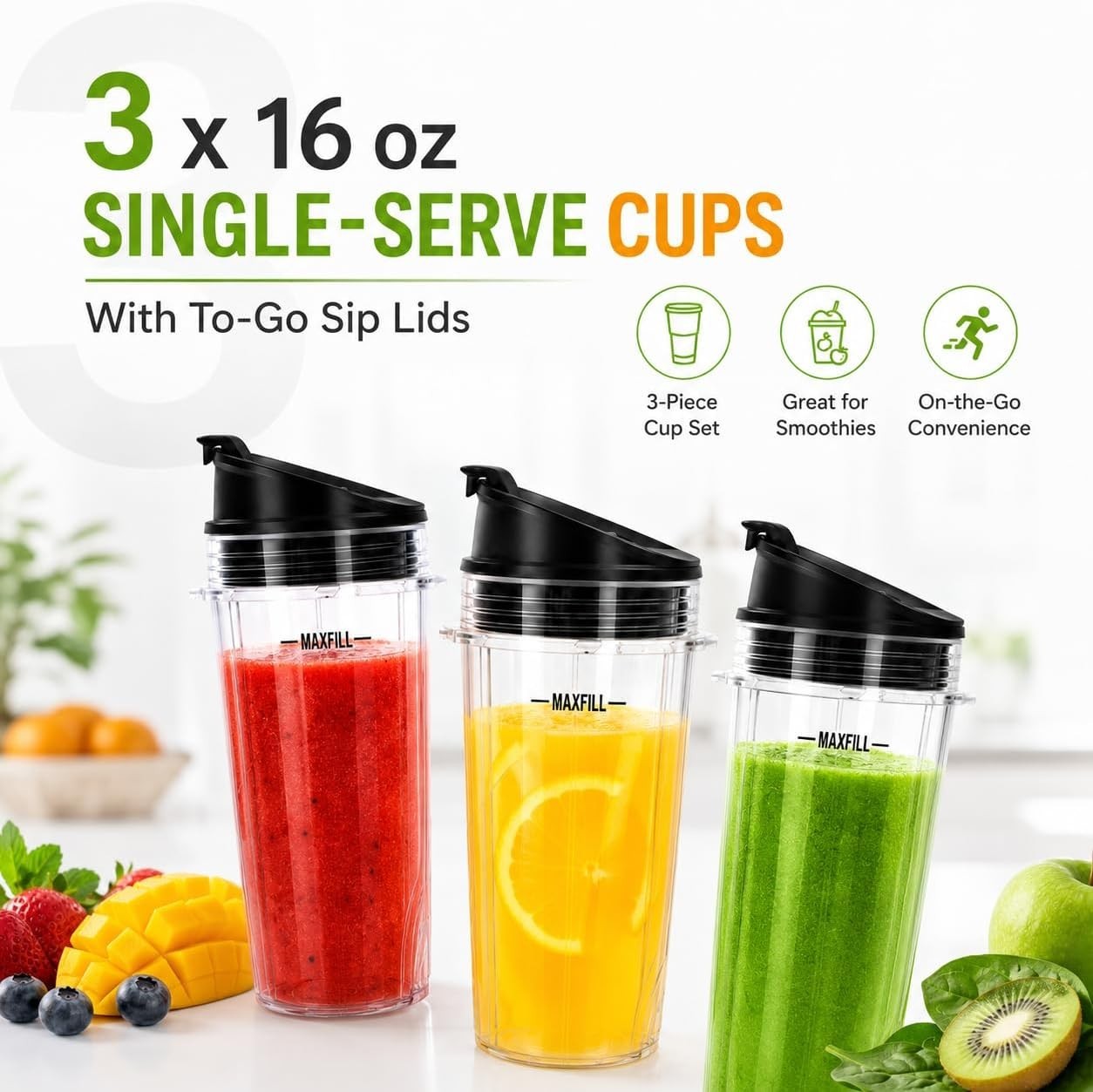 16 oz Ninja Blender Cups Replacement, 3 Pack Cups with Lids, Compatible with QB3