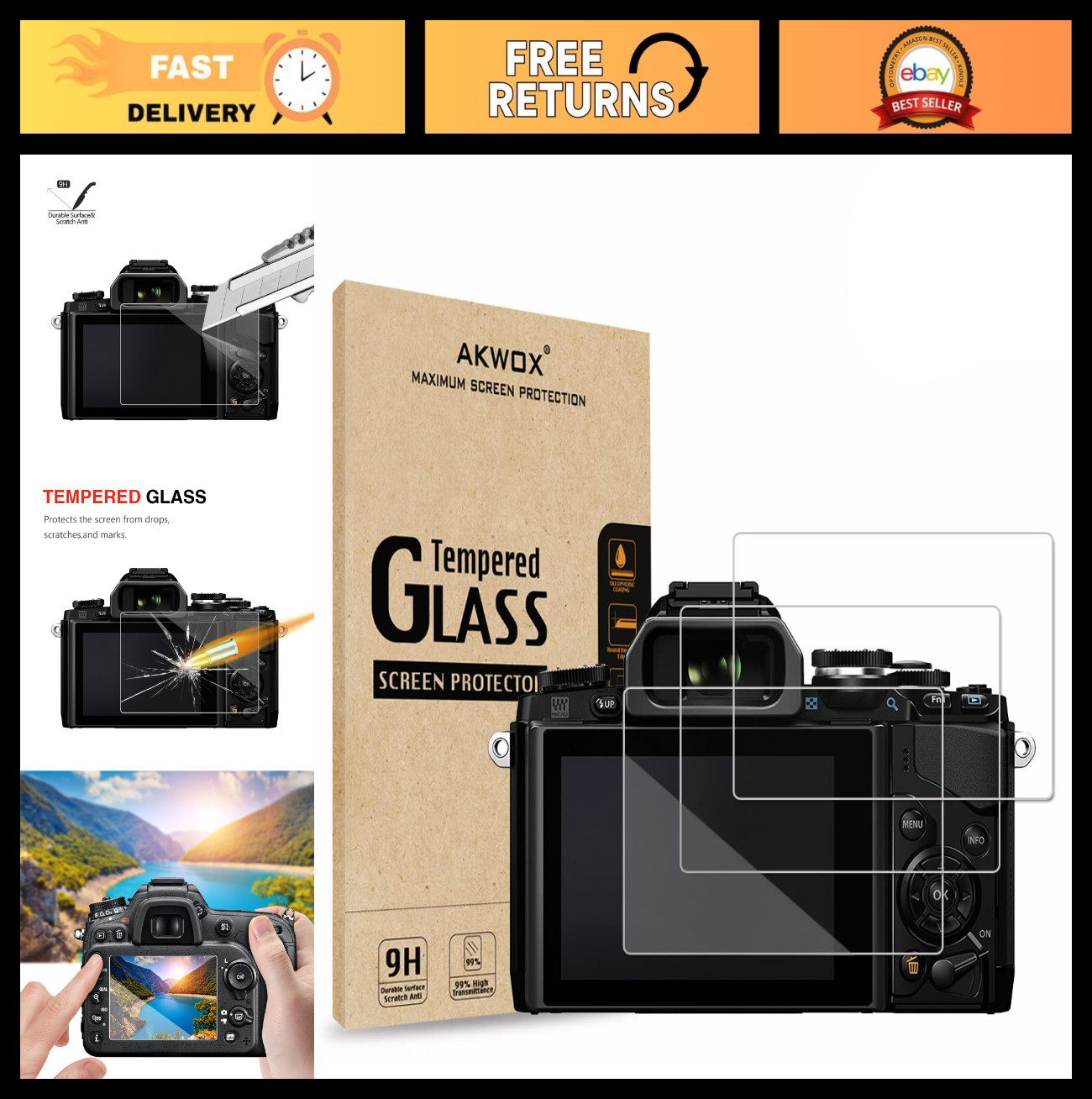 3-Pack Tempered Glass Screen Protector for Olympus OM-D E-M10 E-M5 PEN-F E-PL Se