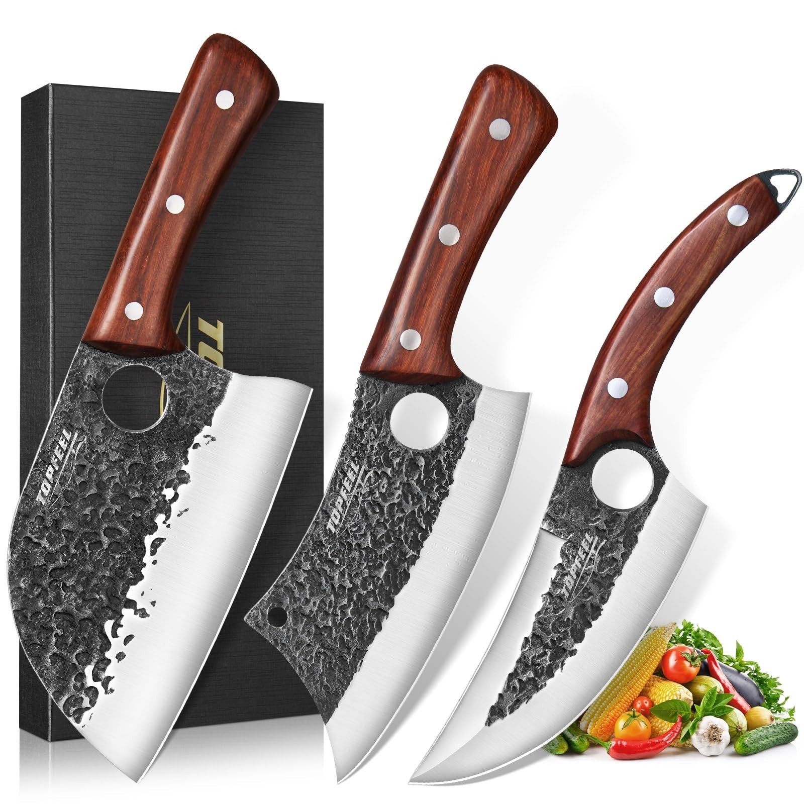 3PCS Butcher  Knife Set Hand Forged Serbian Chef Knives Meat Cleaver Home