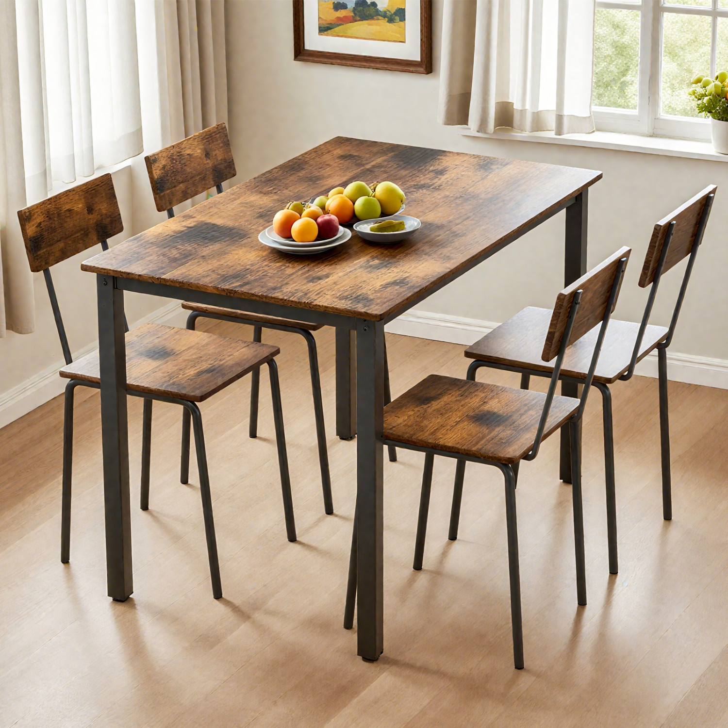 Modern 5-Piece Dining Table Set Dark Brown Wood Table & 4 Chairs w/ Metal Frame