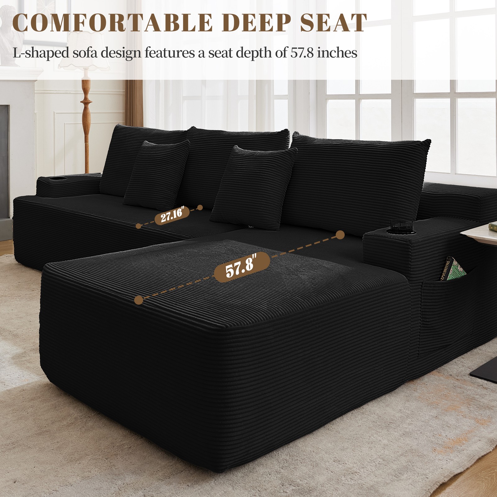 107" Sectional Sofa for Living Room,Black Velvet Couch,L-Shaped Sofa with Chaise