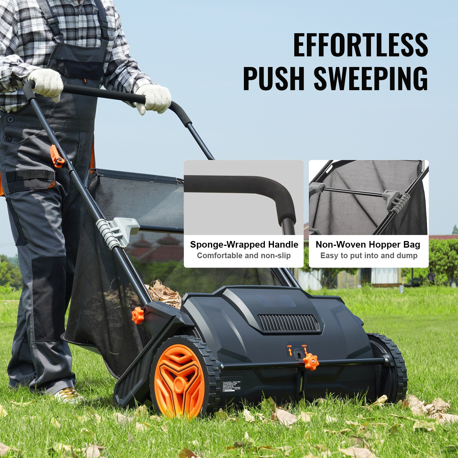 VEVOR 21” Push Lawn Sweeper Leaf Grass Collector 3.5 Cu Ft 2 Brush Heavy Duty
