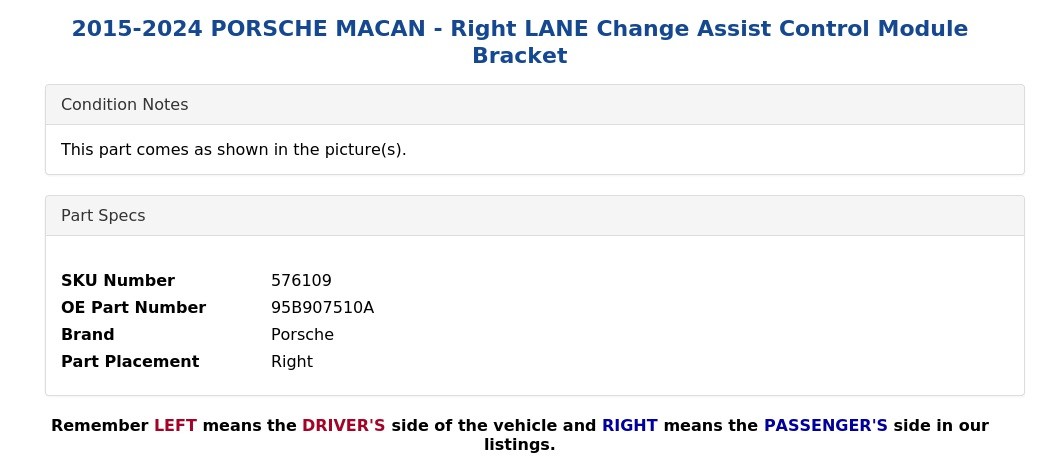 2015-2024 PORSCHE MACAN - Right LANE Change Assist Control Module Bracket