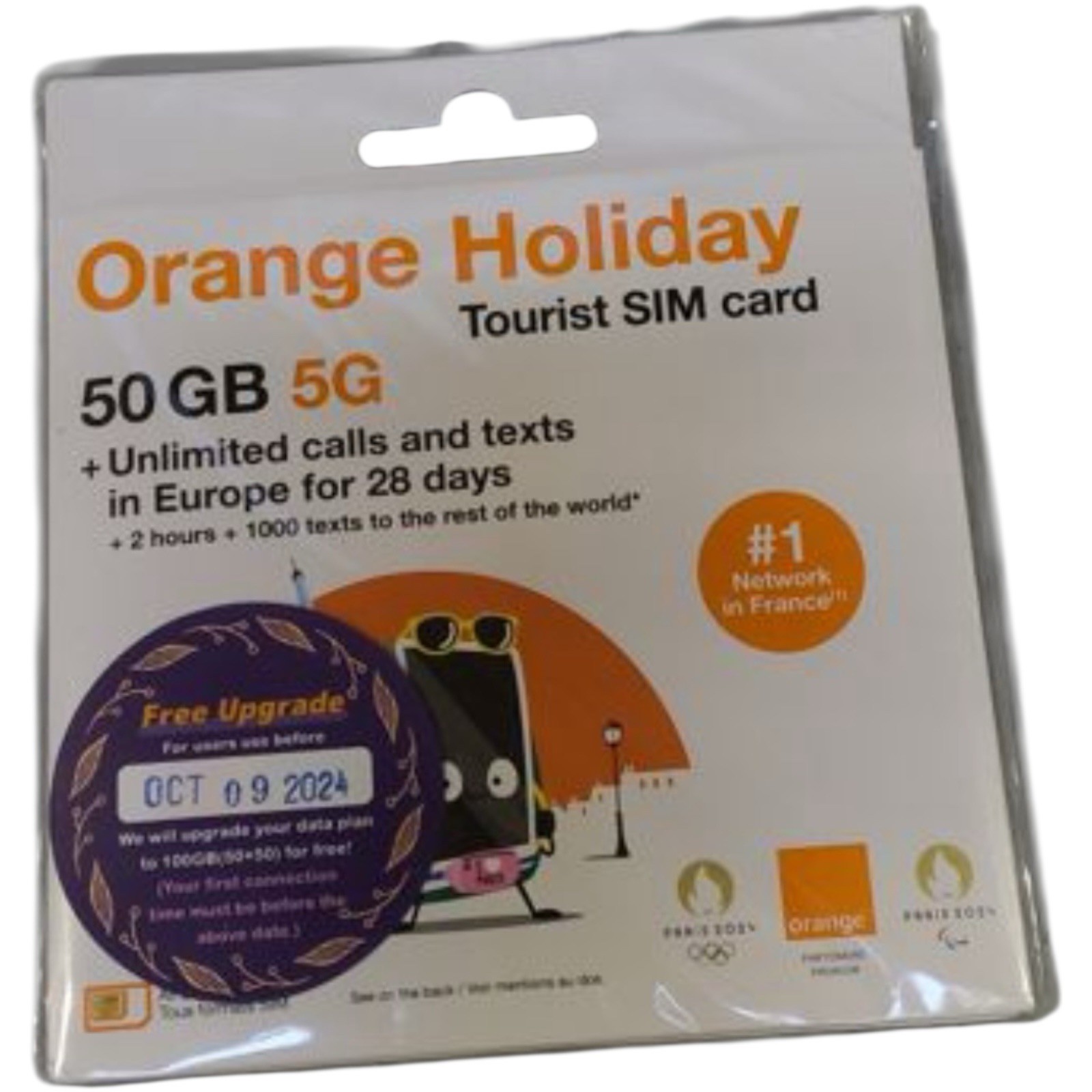 50GB 28 Day Orange Holiday SIM Card, 120 Minutes Calls+1000 Texts to Worldwide