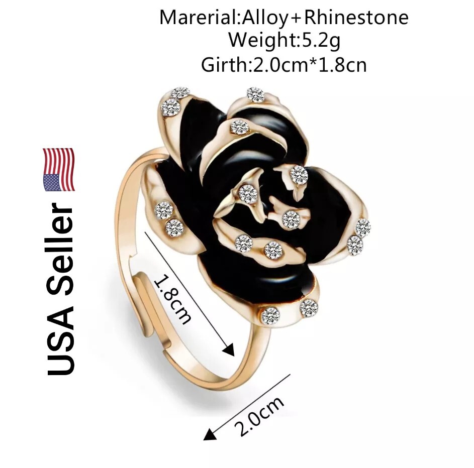 New Fashion Black Rose Crystal Rhinestone Adjustable Opening Ring Women Jewelry