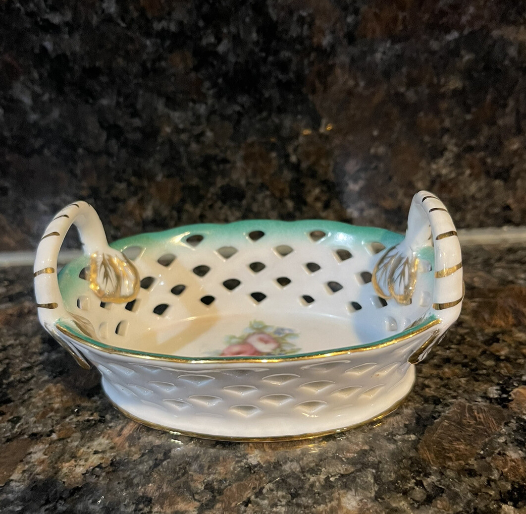 Porcelain Treasures by Betty Plater Oval Basket w/ Green Edges,Handles & Floral