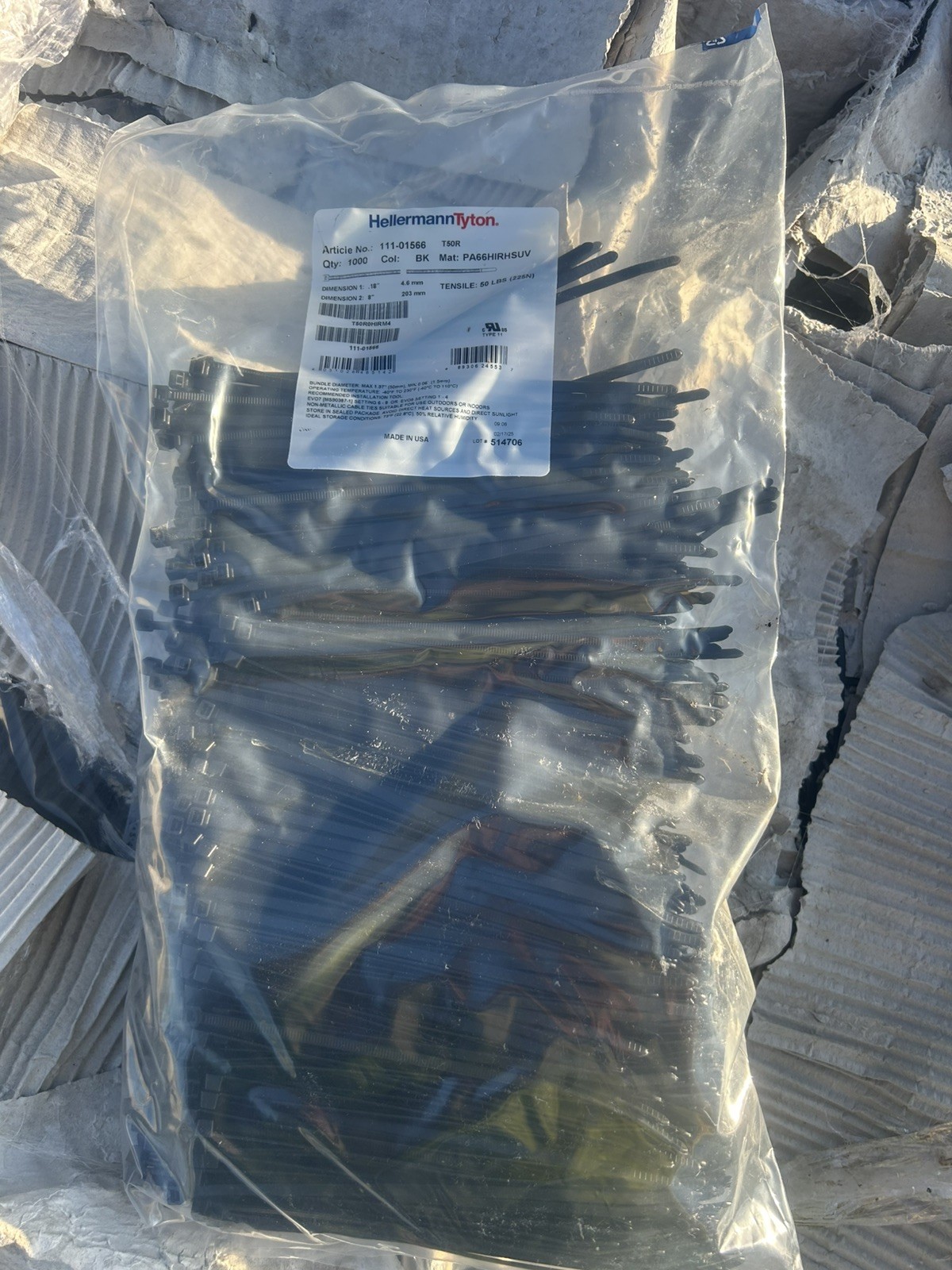 Hellermann tyton  111-01566 8"  cable zip ties  (Black) bag of (1000) USA MADE