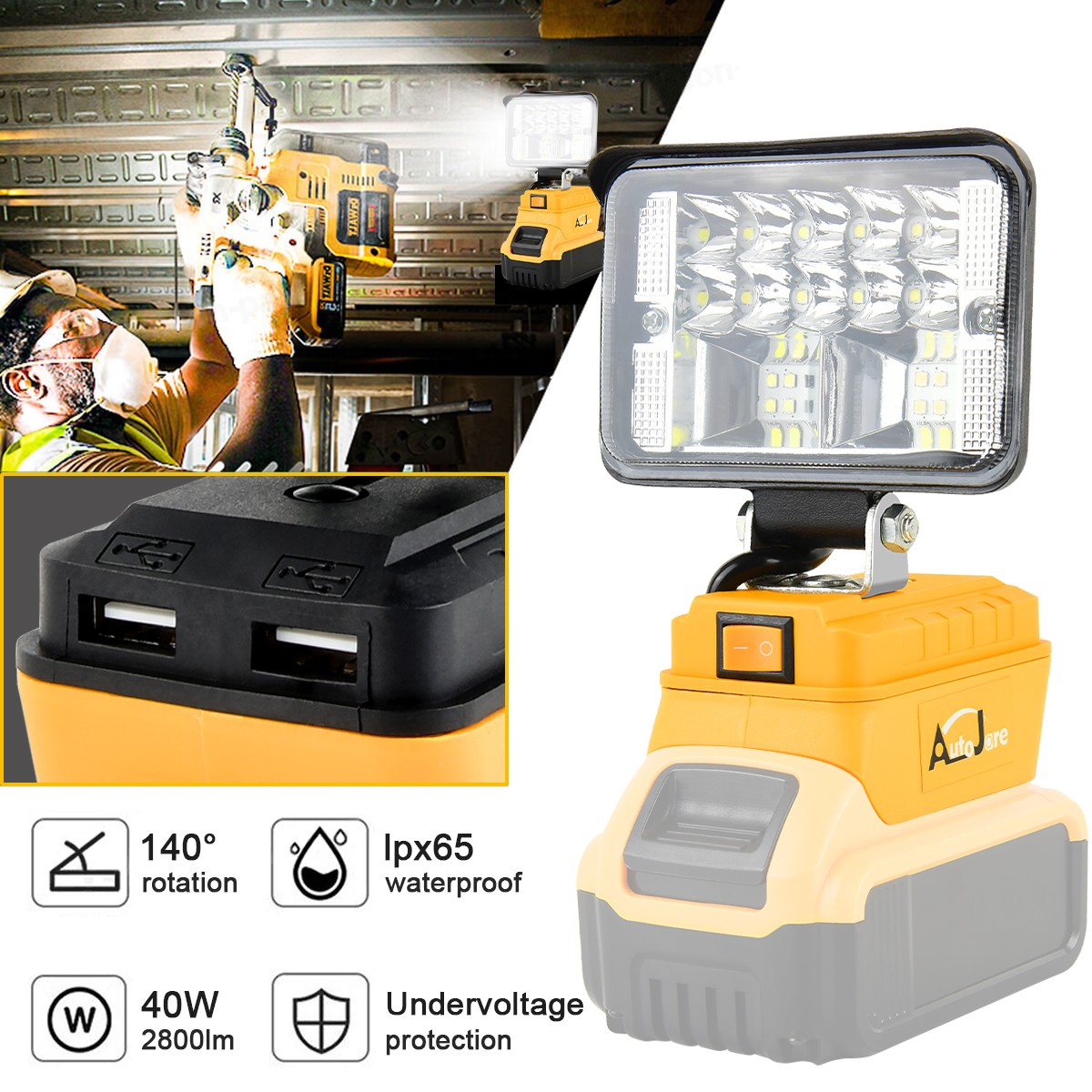 30W Wireless LED Work Light Compatible Dewalt Cordless 20V Battery Outdoor Lamp